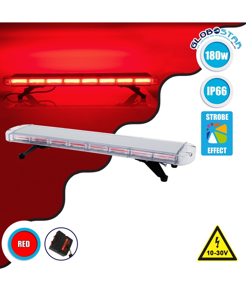 GloboStar® 85186 PRO Series Φάρος Σήμανσης Οχήματος Πυροσβεστικής για Αυτοκίνητα & Φορτηγά 6 Προγραμμάτων Φωτισμού STROBE LED COB 180W DC 10-30V Αδιάβροχος IP66 Κόκκινο